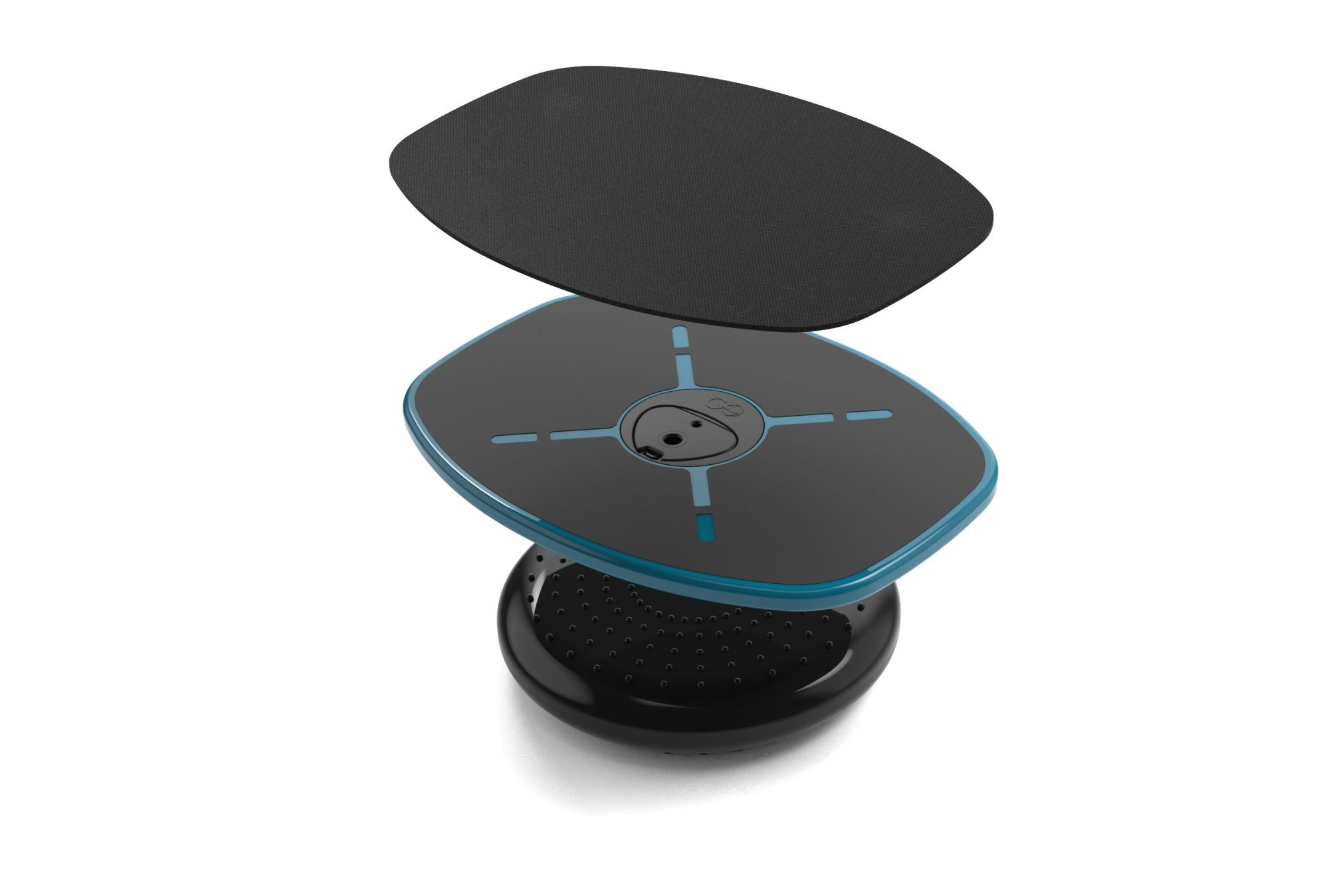 Vista esplosa di un dispositivo di fitness nero con dettagli blu e un tappetino.