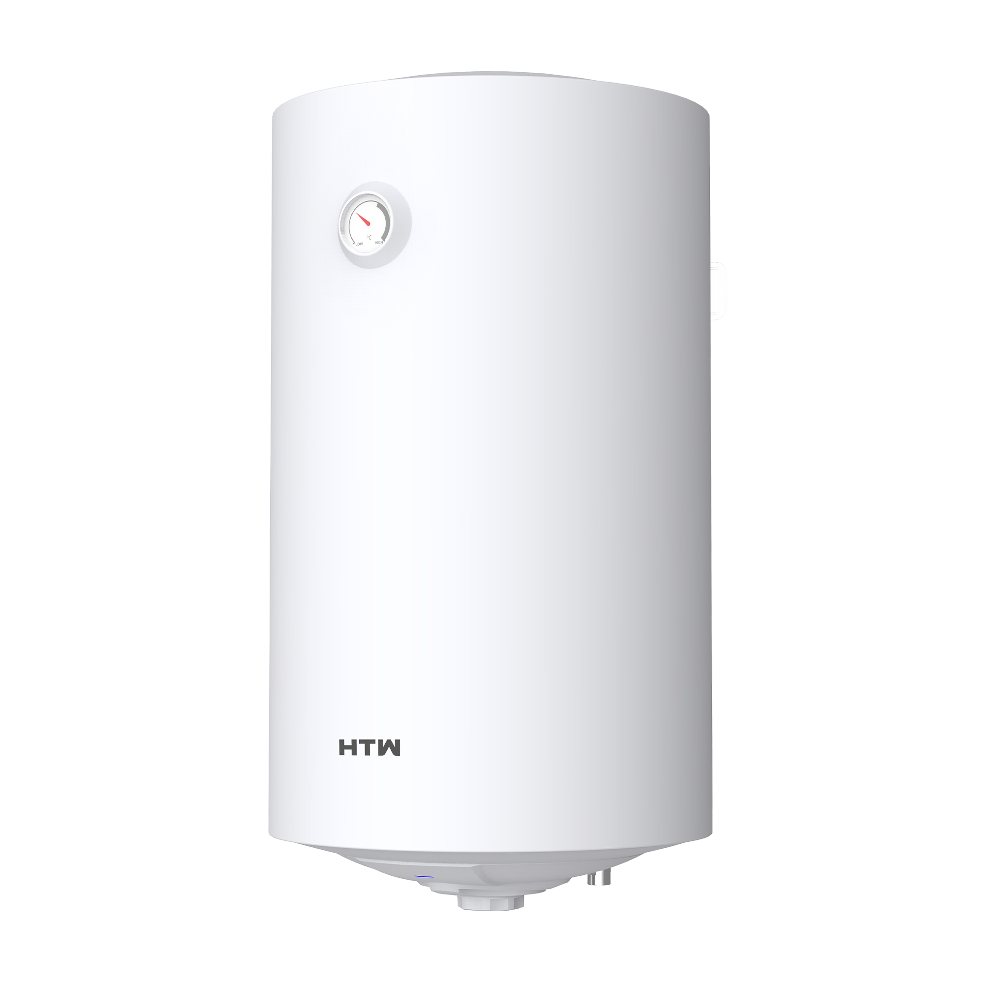 Un termo eléctrico cilíndrico blanco con termómetro analógico y logotipo HTW.