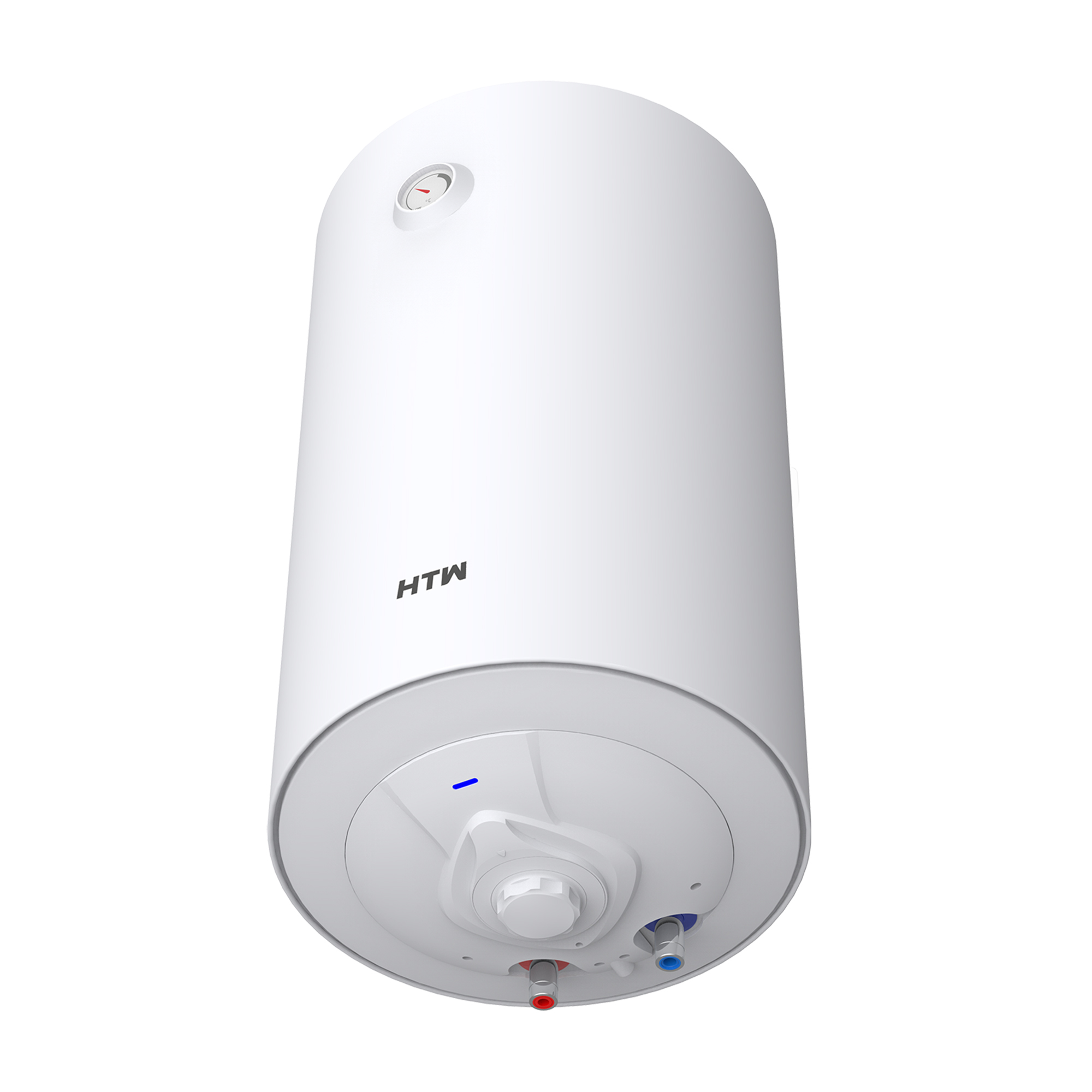 Un termo eléctrico blanco HTW con conexiones rojas y azules.