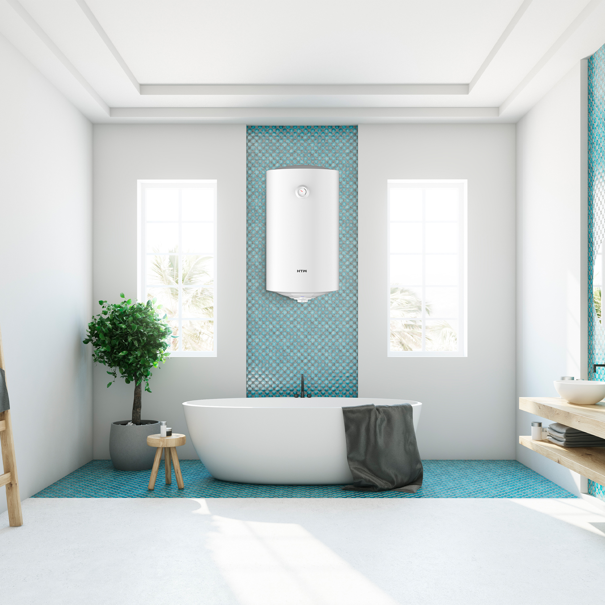 Un baño blanco con azulejos de mosaico azul, una bañera, un calentador de agua en la pared y plantas verdes.