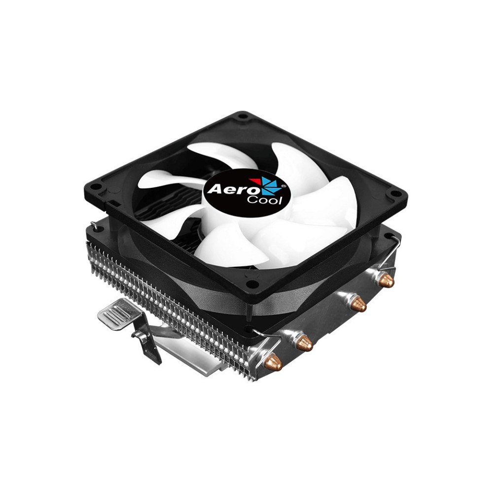 Chłodzenie procesora AeroCool z białym wentylatorem, czarną ramką i metalowym radiatorem z rurkami.