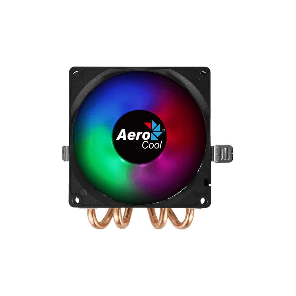 Kwadratowy chłodzacz procesora AeroCool z oświetleniem RGB i czterema miedzianymi rurkami.