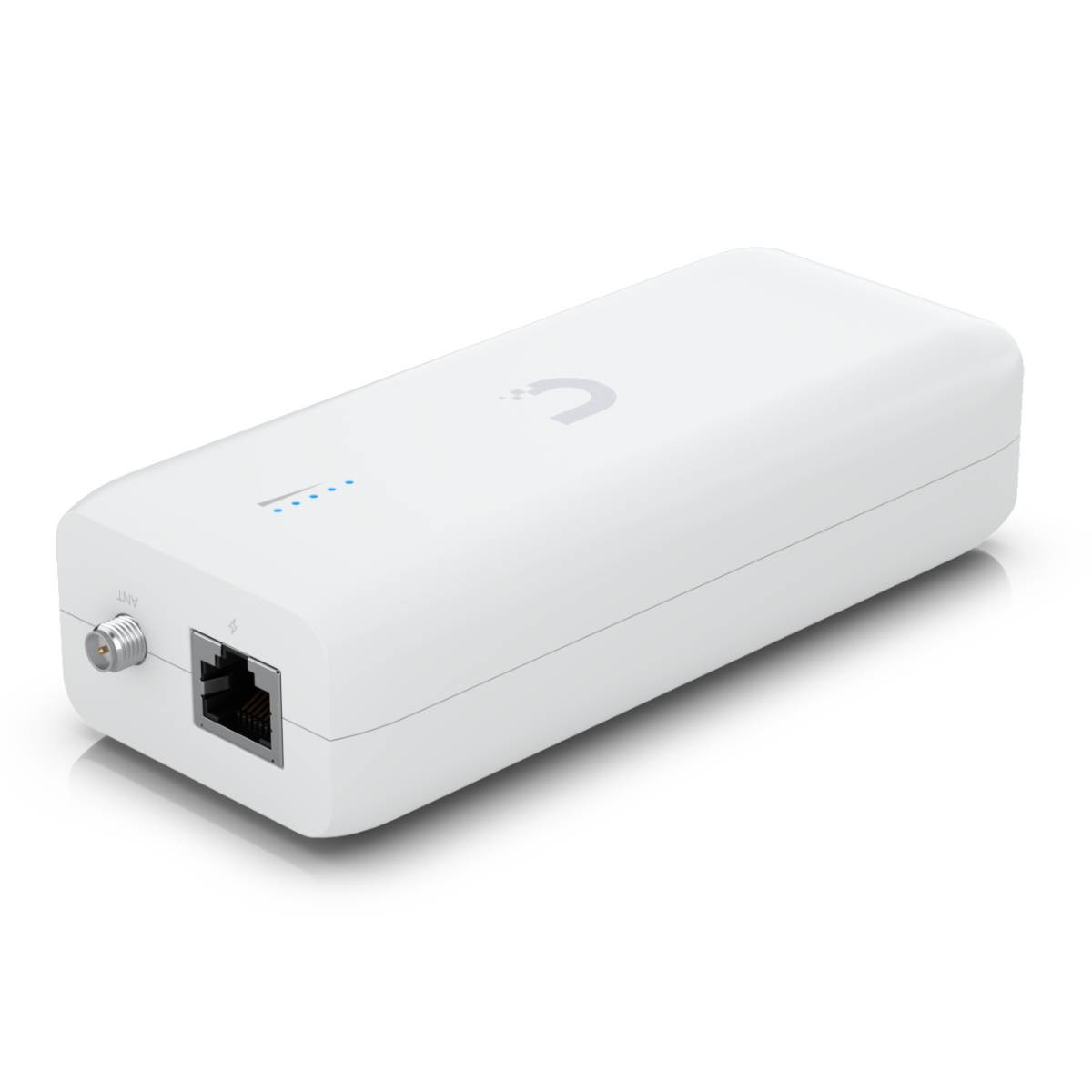 Białe urządzenie elektroniczne z portem Ethernet i złączem antenowym na błyszczącej powierzchni.