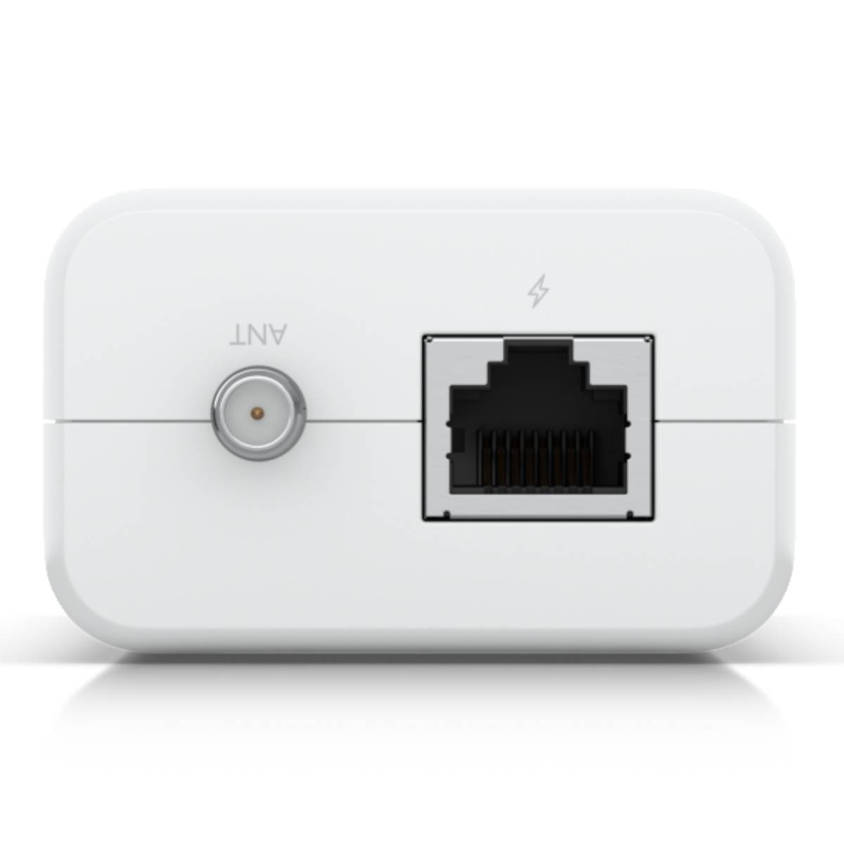 Biały spód urządzenia z portem antenowym po lewej stronie i portem Ethernet po prawej.