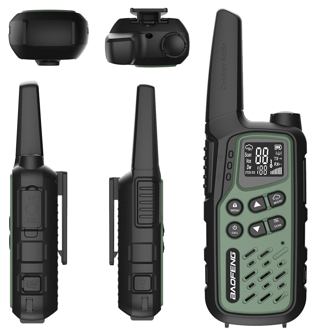 Czarno-zielone radio outdoorowe Baofeng pokazane pod wieloma kątami.