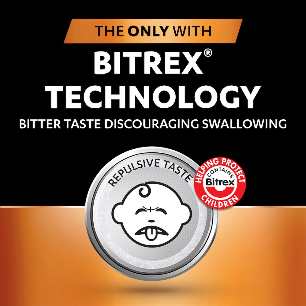 Bitrex-Technologie-Logo auf schwarzem und orangefarbenem Hintergrund mit einem säuglingsfeindlichen Piktogramm.