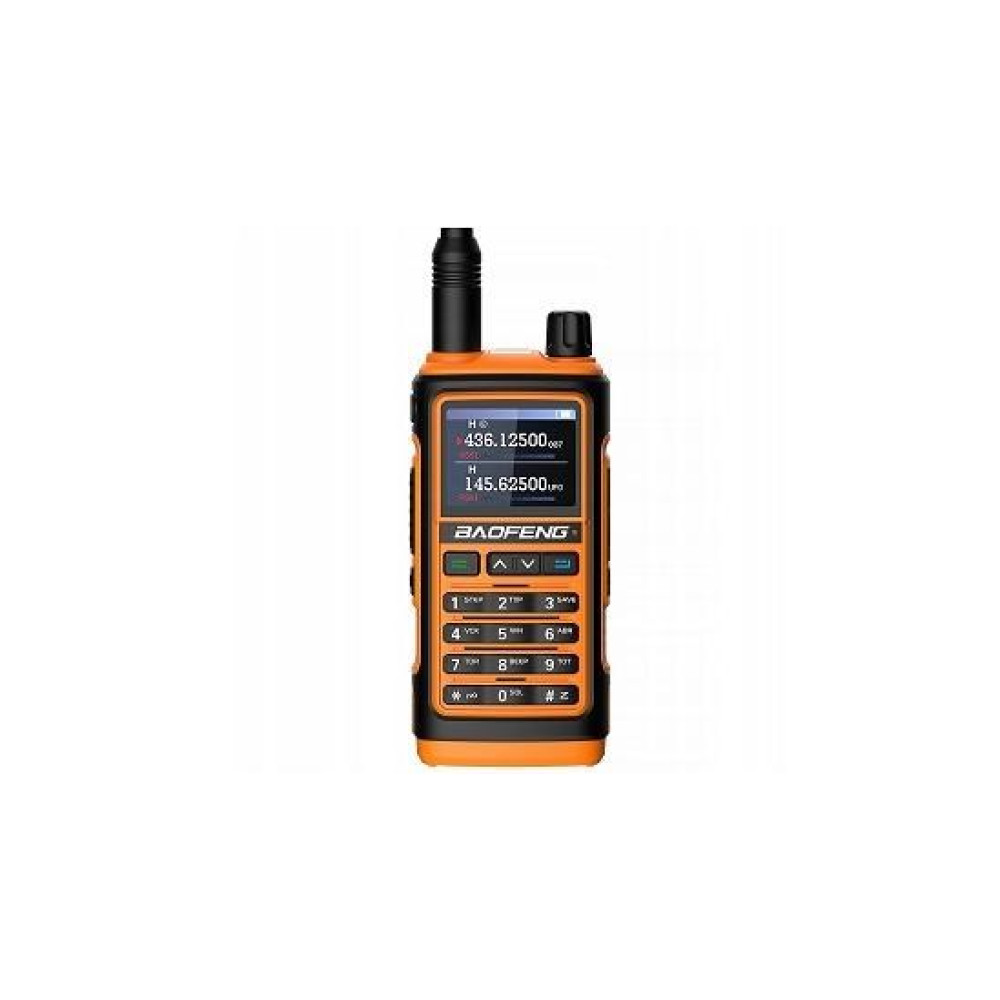 Pomarańczowo-czarny radiotelefon Baofeng z anteną, ekranem i klawiaturą numeryczną na białym tle.