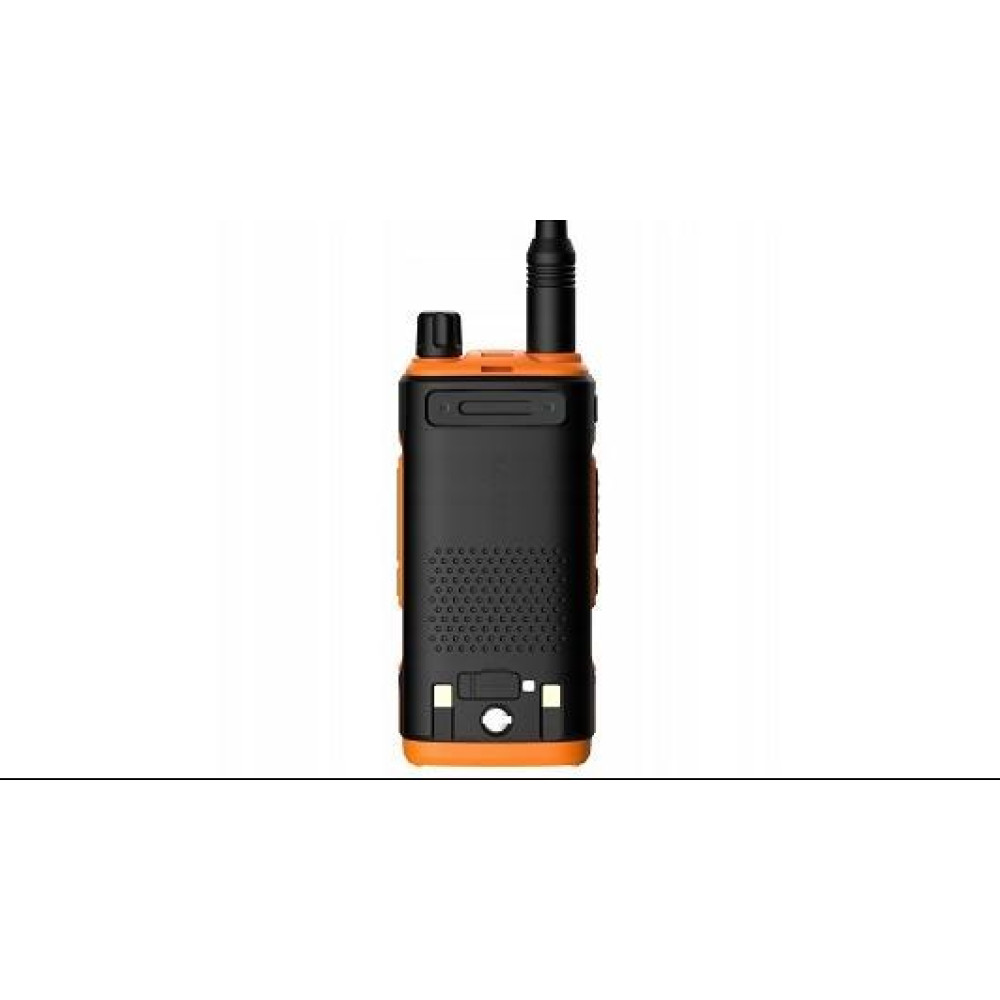 Czarno-pomarańczowe radio walkie-talkie z anteną na białym tle.