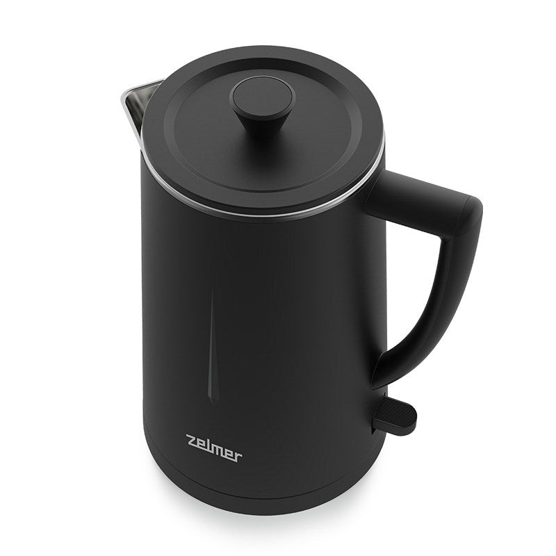 Matowy czarny czajnik elektryczny z uchwytem i pokrywką, z logo marki Zelmer na białym tle.