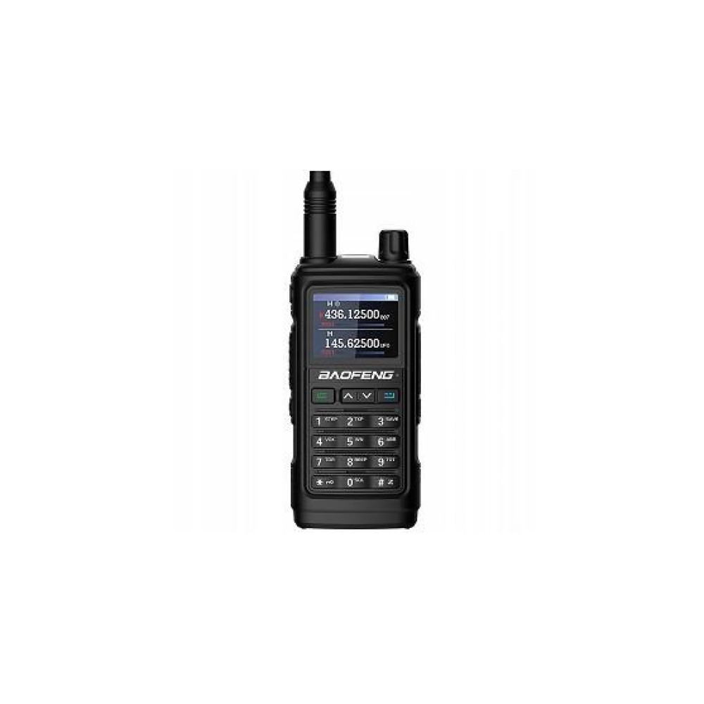 Czarny radiotelefon Baofeng z anteną, podwójnym wyświetlaczem i klawiaturą numeryczną na białym tle.