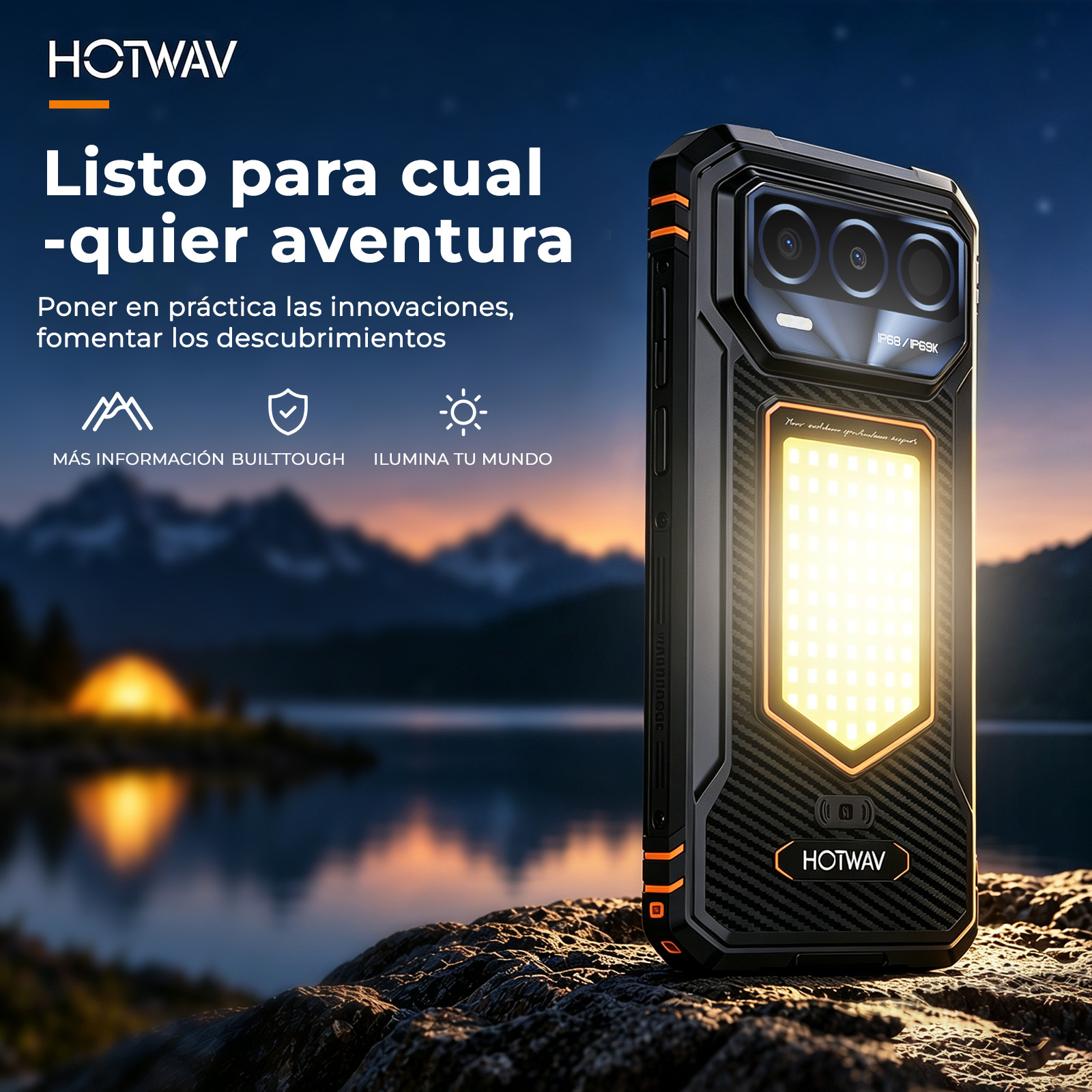 Wytrzymały smartfon Hotwav z jasną lampą LED stoi na skale na tle gór i jeziora o zachodzie słońca.