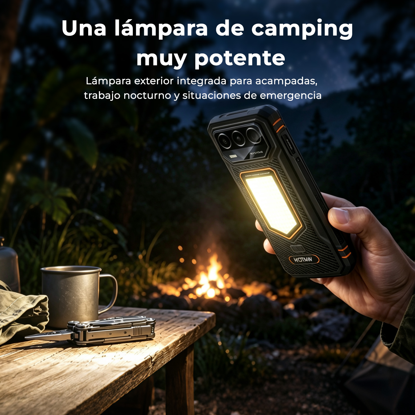 Wytrzymały smartfon z jasną, wbudowaną lampą kempingową przy ognisku.