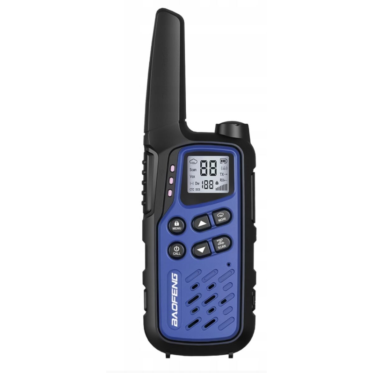 Niebiesko-czarny radiotelefon Baofeng z wyświetlaczem i przyciskami.