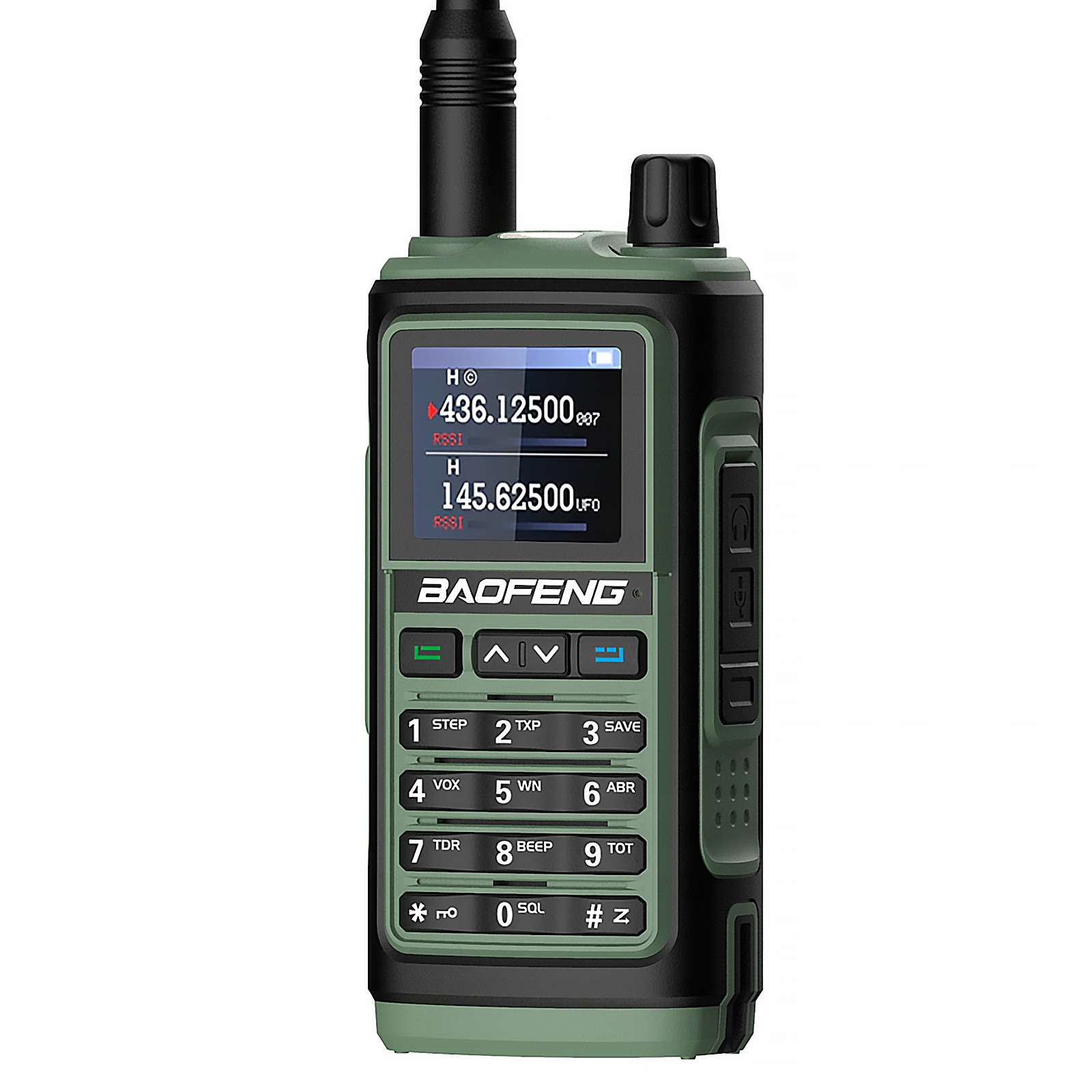 Zielono-czarny radiotelefon Baofeng z cyfrowym wyświetlaczem i klawiaturą.