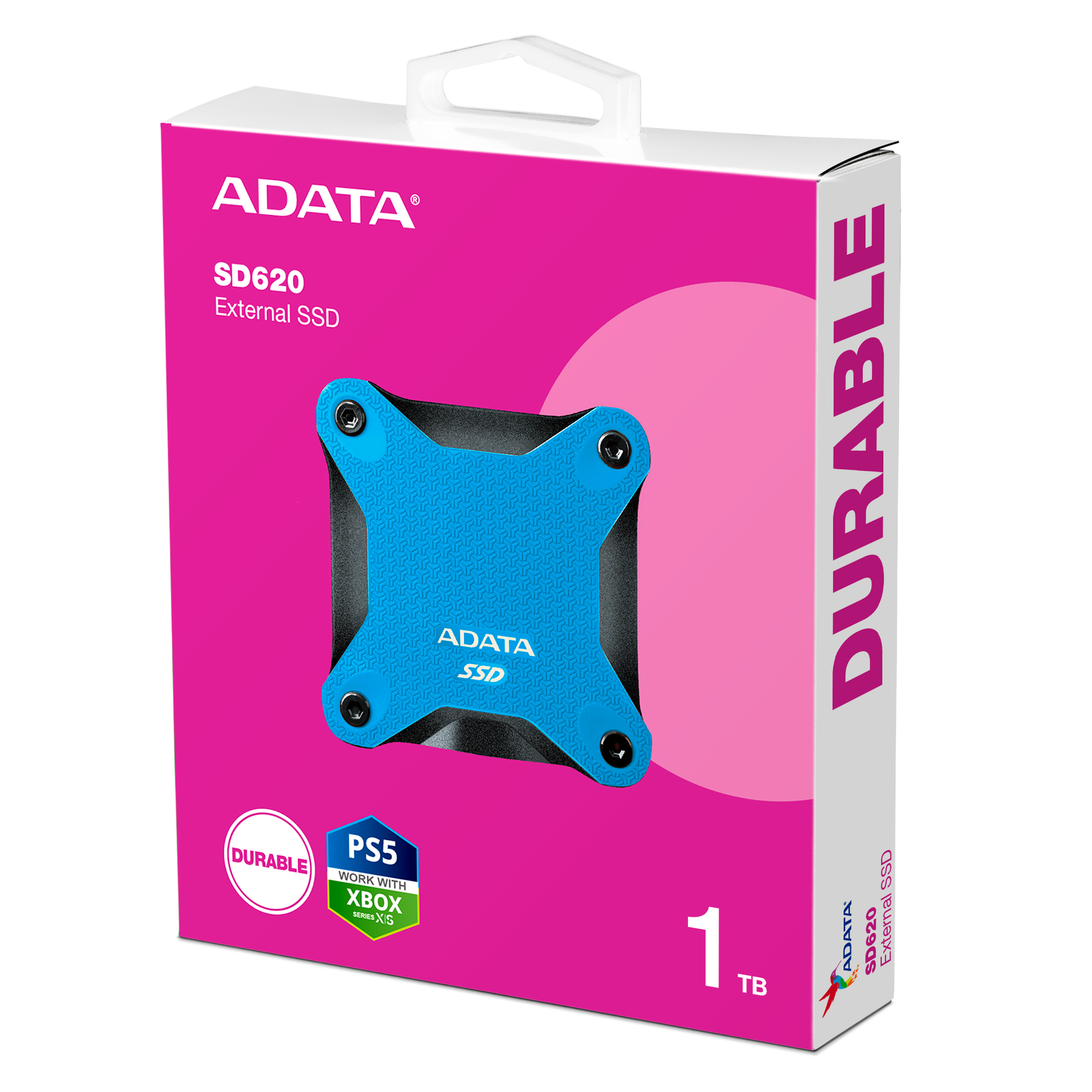 Różowe pudełko zewnętrznego dysku SSD ADATA SD620 1TB z niebiesko-czarnym napędem.