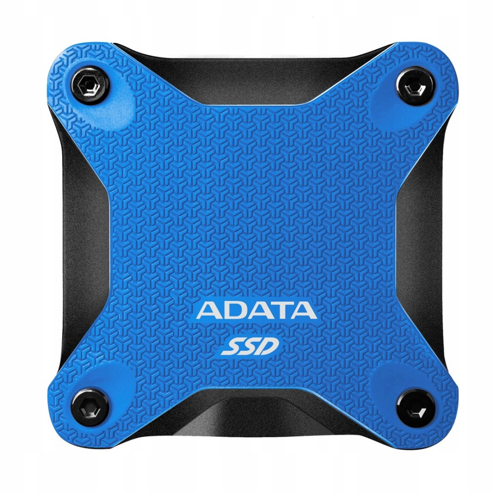 Kwadratowy, niebiesko-czarny radiator do dysków SSD ADATA z teksturowaną powierzchnią i czterema śrubami.