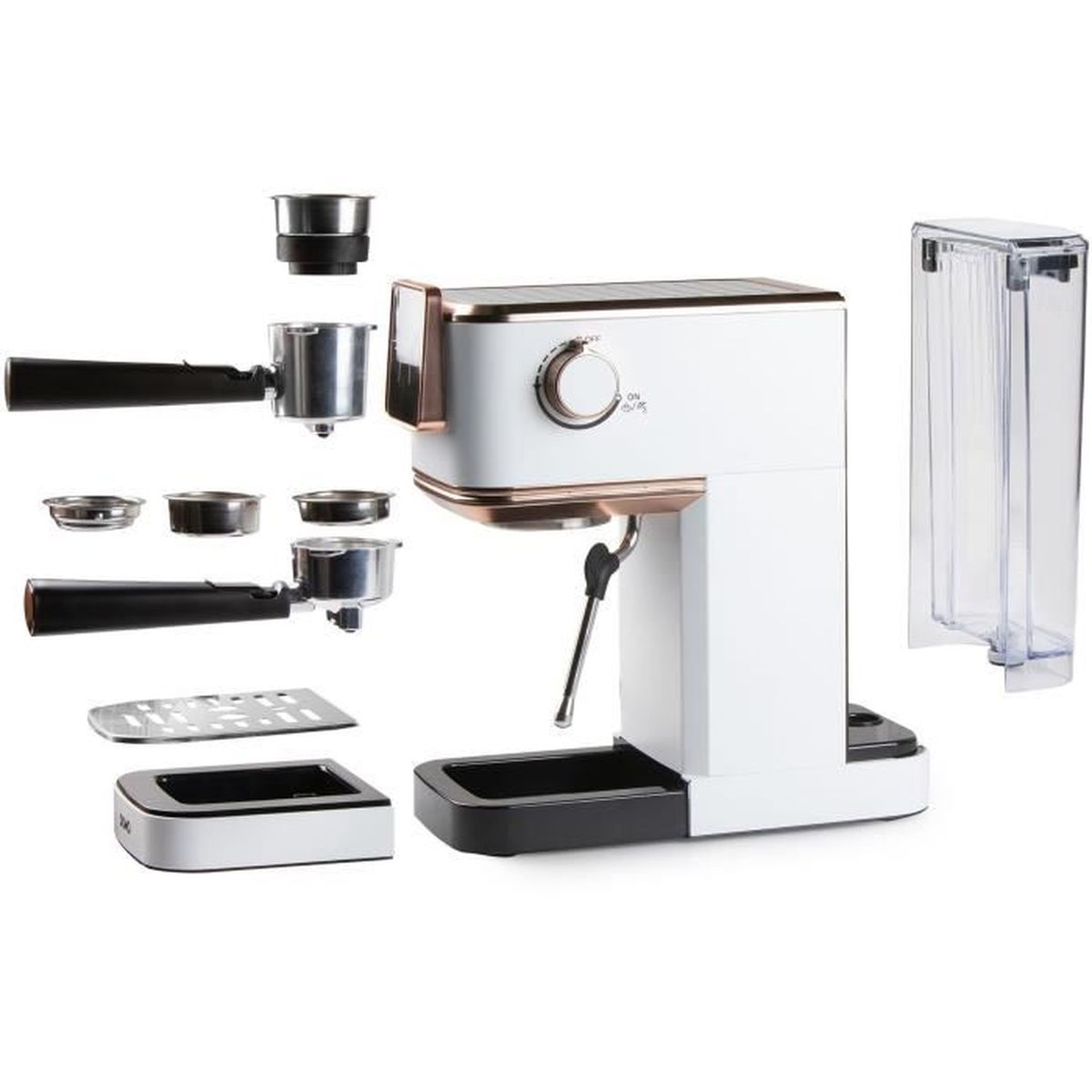 Machine à espresso blanche et or rose avec réservoir d'eau amovible, porte-filtres, filtres et bac d'égouttage.
