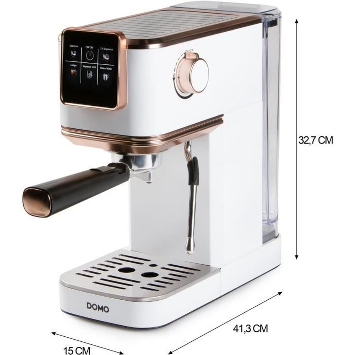Machine à expresso blanche avec détails en or rose et flèches de dimensions.