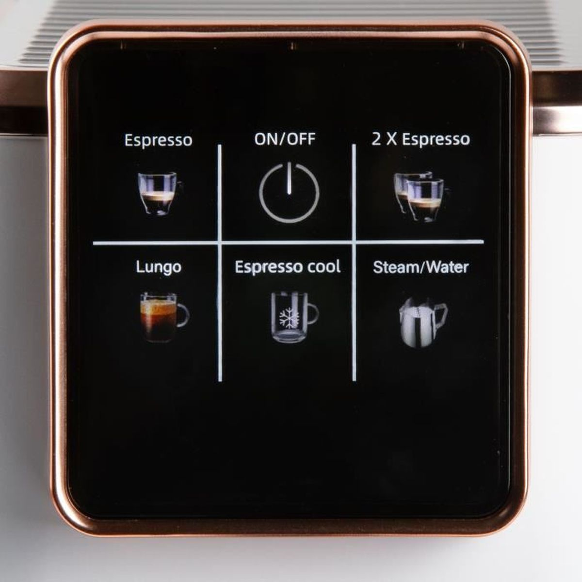 Panneau de commande de machine à café avec six options pour espresso, lungo, marche/arrêt, vapeur et eau.