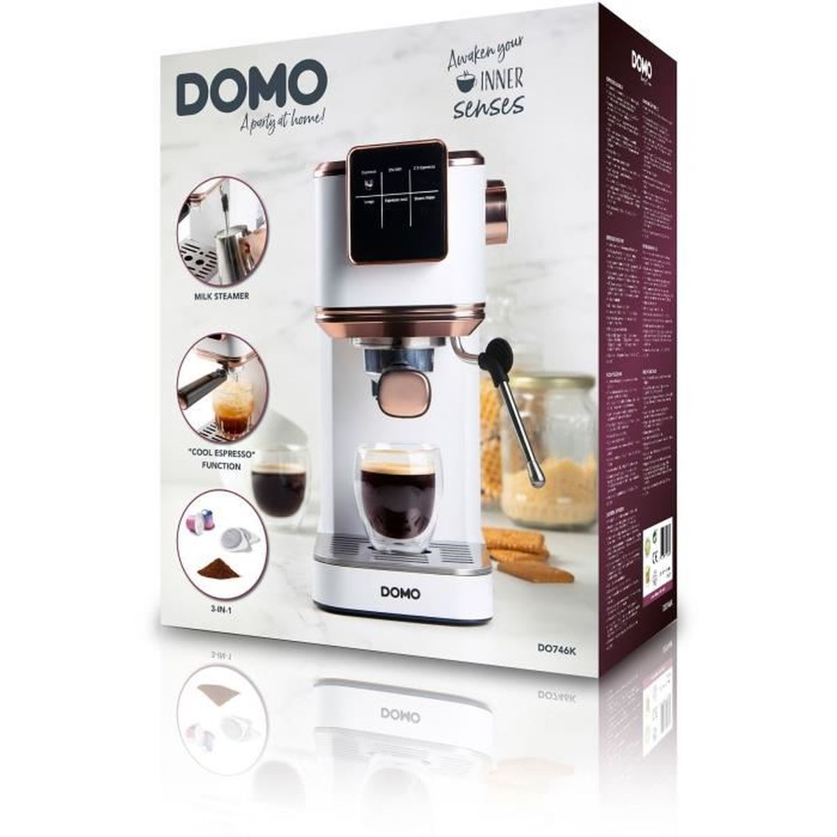 Emballage de la machine à expresso blanche DOMO avec accents cuivrés, accessoires et tasses.