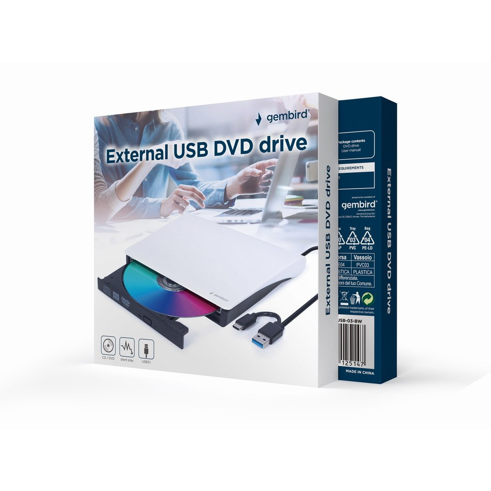 Opakowanie zewnętrznego napędu DVD USB z białą obudową i wysuniętą tacką.