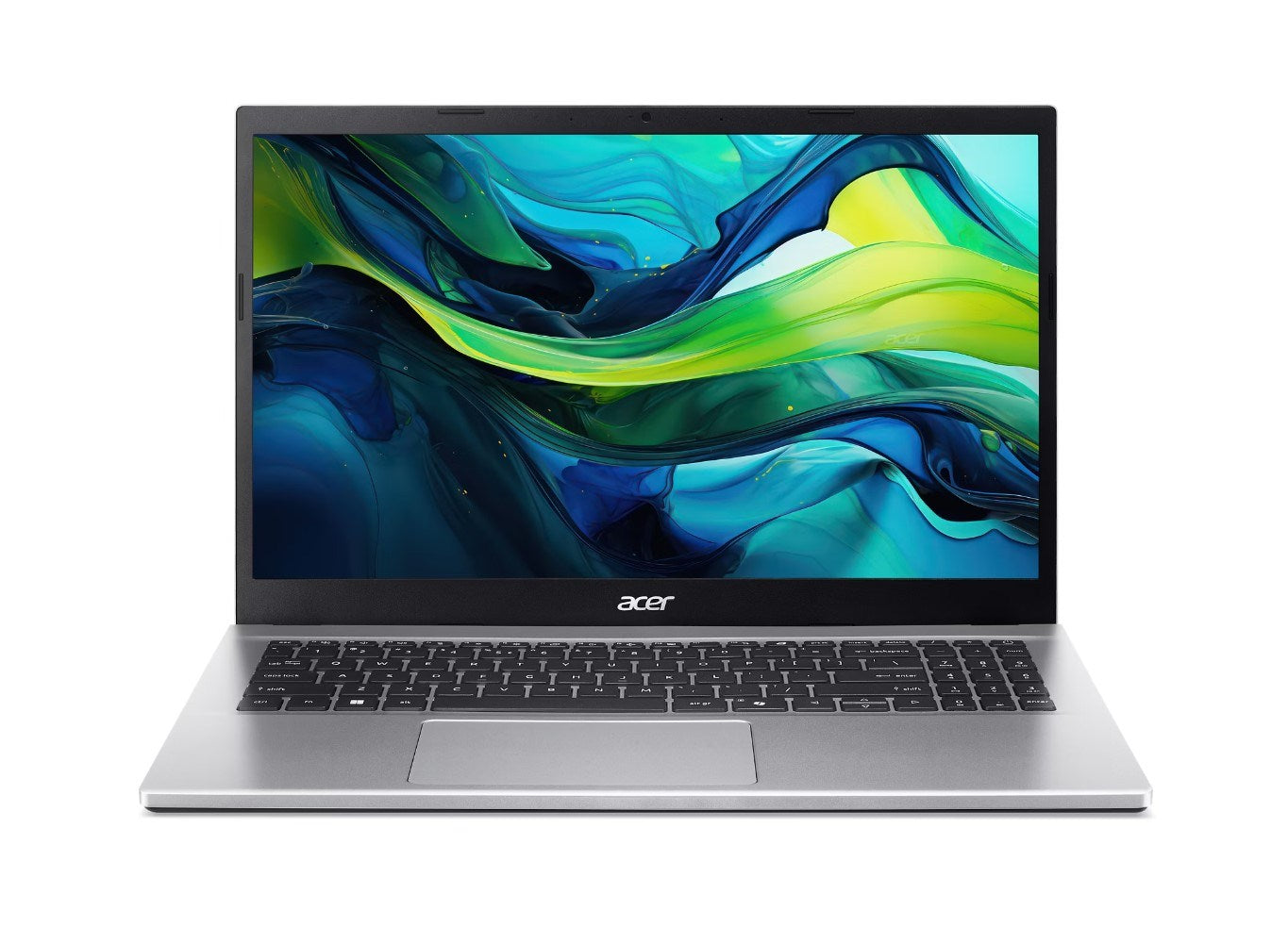 Srebrny laptop Acer z żywą niebiesko-zieloną tapetą na ekranie.