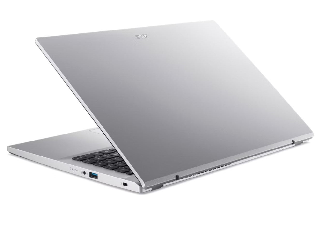 Srebrny laptop Acer jest częściowo otwarty na białym tle, widoczny z ukosa od tyłu.