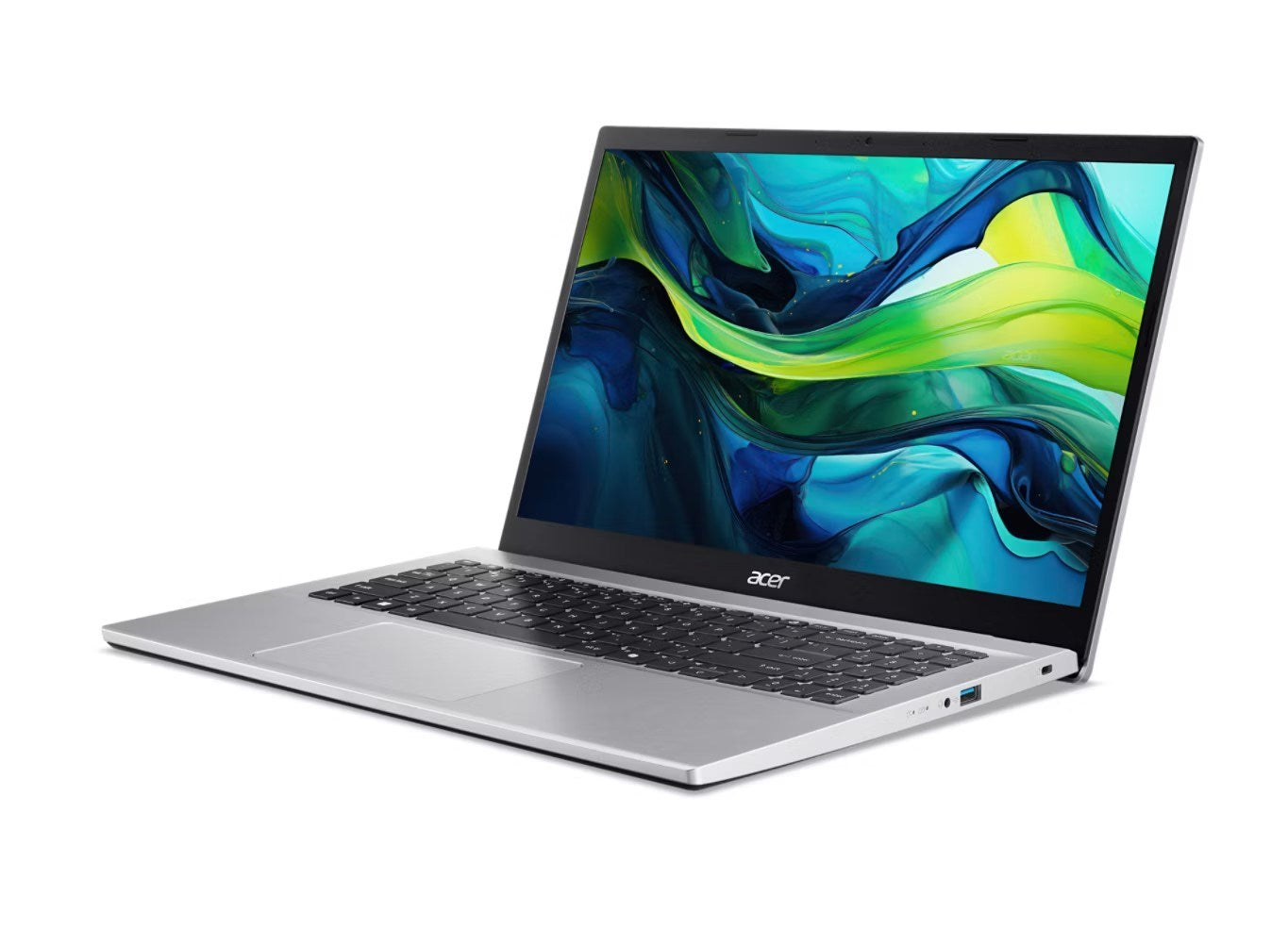 Srebrny laptop Acer z czarną klawiaturą i kolorową, abstrakcyjną tapetą na ekranie.