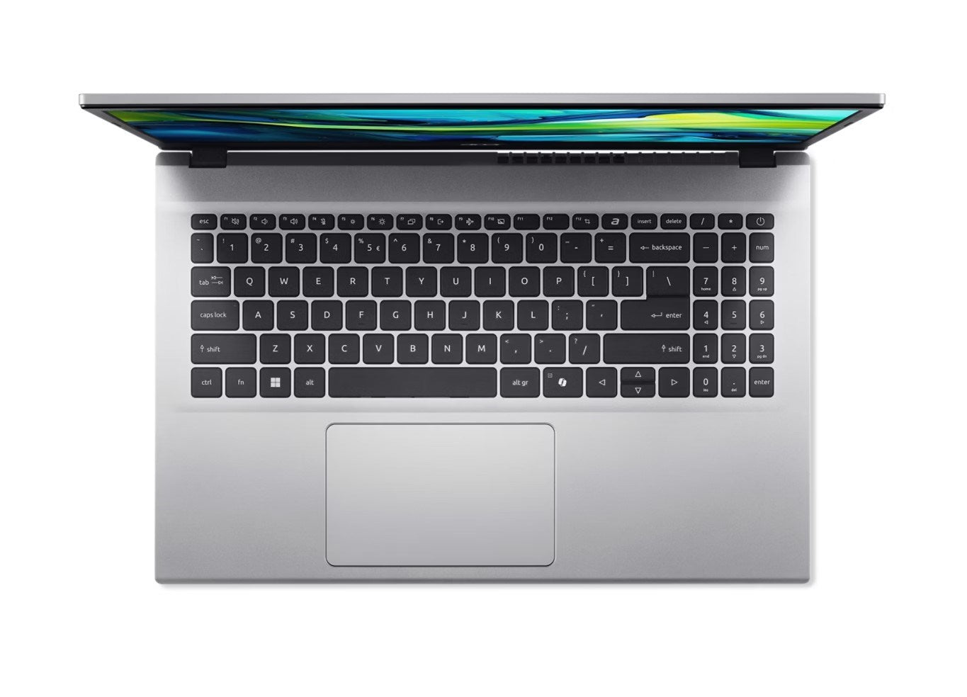 Srebrny laptop widziany z góry z czarną klawiaturą i panelem dotykowym.