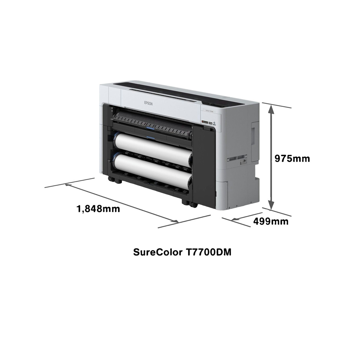 Epson SureColor T7700DM Großformatdrucker mit Maßangaben für Breite, Tiefe und Höhe.