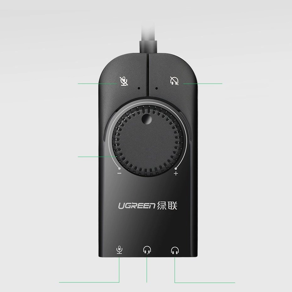 Czarny adapter audio USB z pokrętłem głośności, przyciskami wyciszenia i portami.