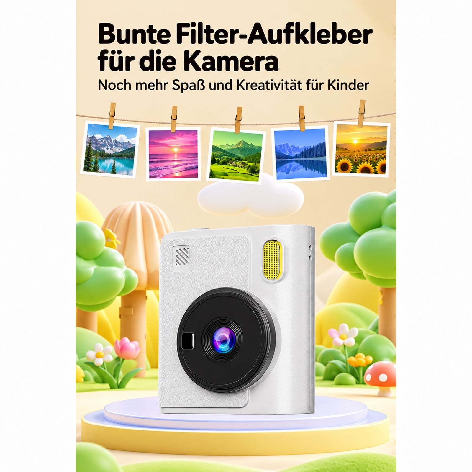 Weiße Kinderkamera auf einem Podest vor einer bunten Cartoon-Landschaft mit fünf hängenden Fotofiltern.