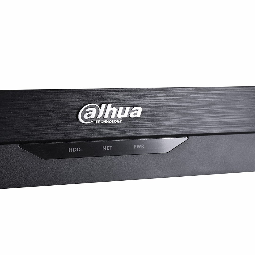 Czarne urządzenie Dahua Technology ze wskaźnikami statusu HDD, NET i PWR.