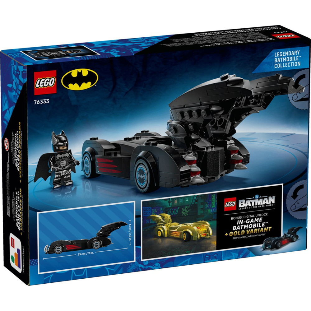 Pudełko zestawu Lego Batman Batmobile z czarnym samochodem, minifigurką Batmana i złotym wariantem.