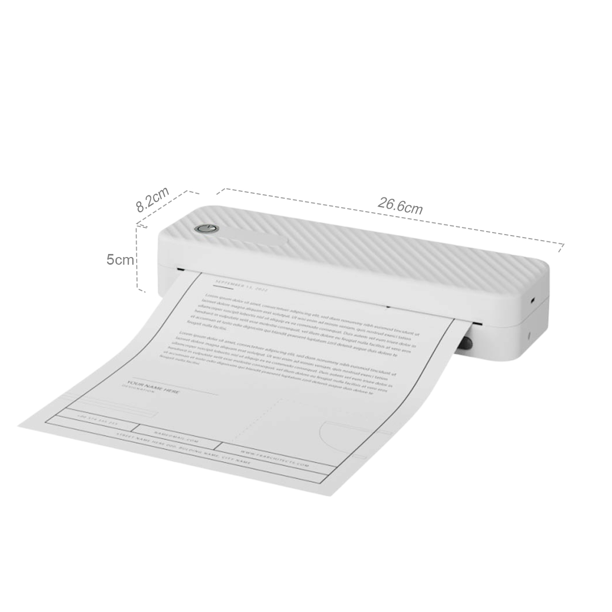 Ein weißer Thermodrucker mit Papier, Maße 26,6cm mal 8,2cm und 5cm Höhe.