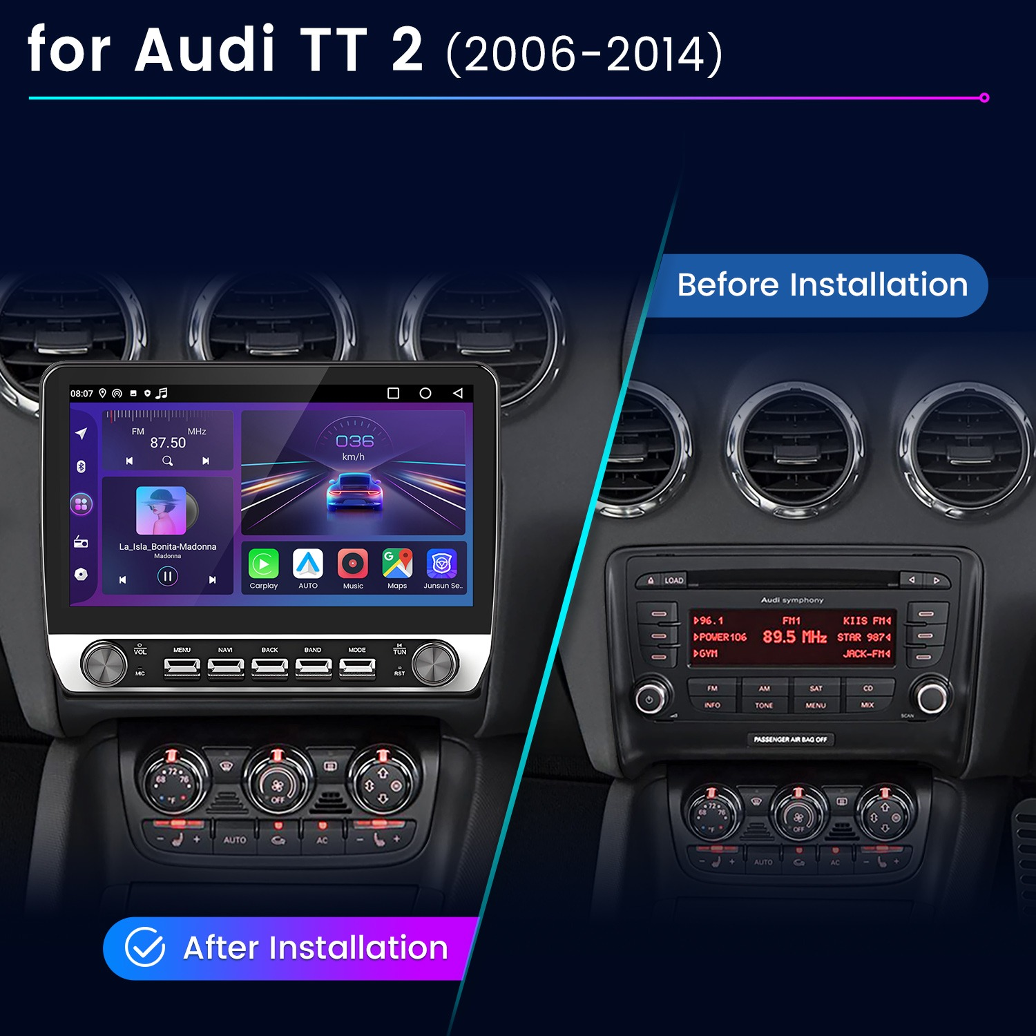 Vergleich der Audi TT Mittelkonsole vor und nach der Installation eines modernen Touchscreen-Autoradios.