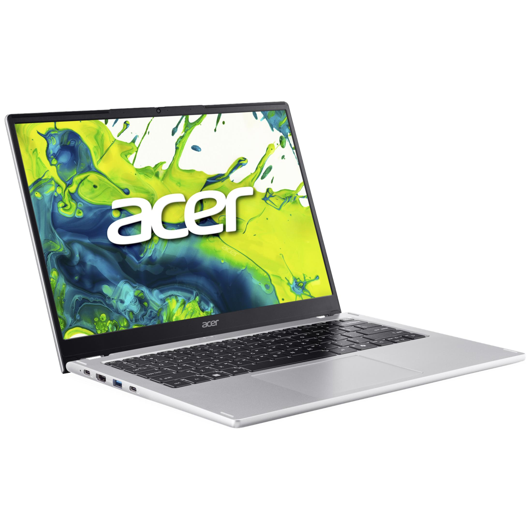 Silver Acer laptop with open screen showing green and blue design on white background against a grey background.