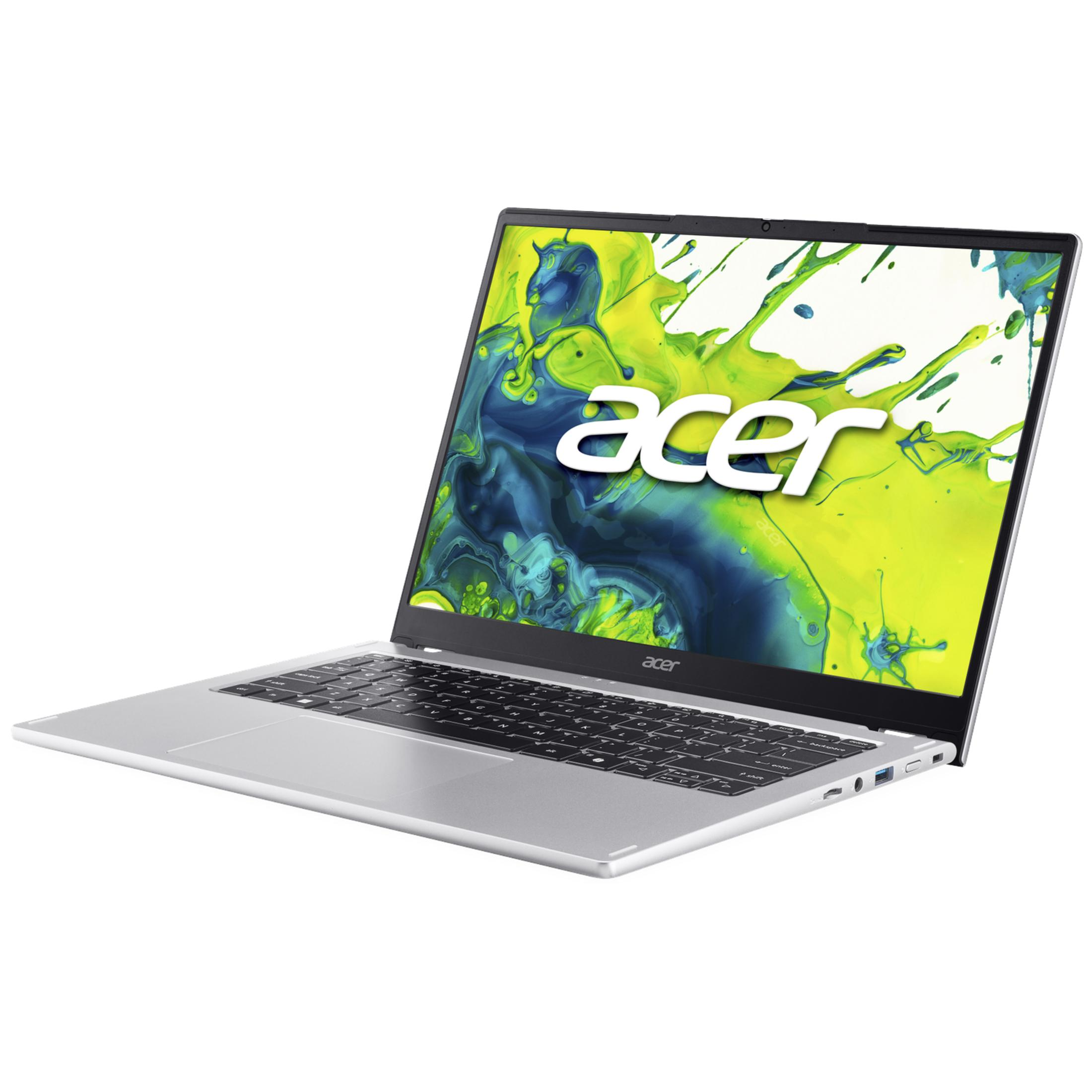 A silver Acer laptop with an open screen displays a blue and green abstract pattern and the white Acer logo.