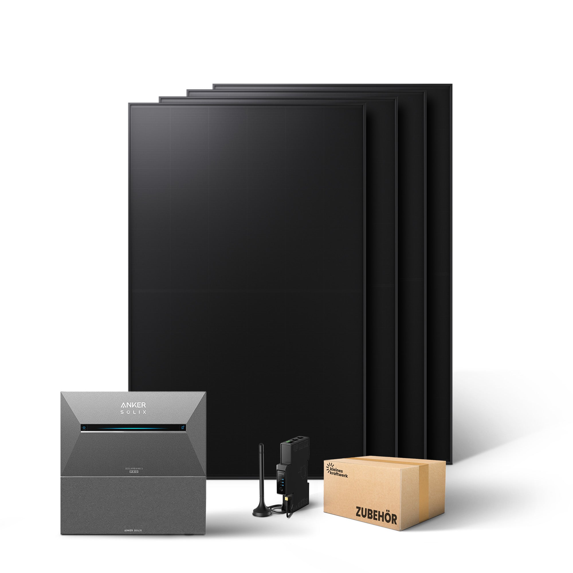 Solarmodulset mit Wechselrichter, Batteriespeicher, Antenne und Zubehörkarton auf weißem Hintergrund.