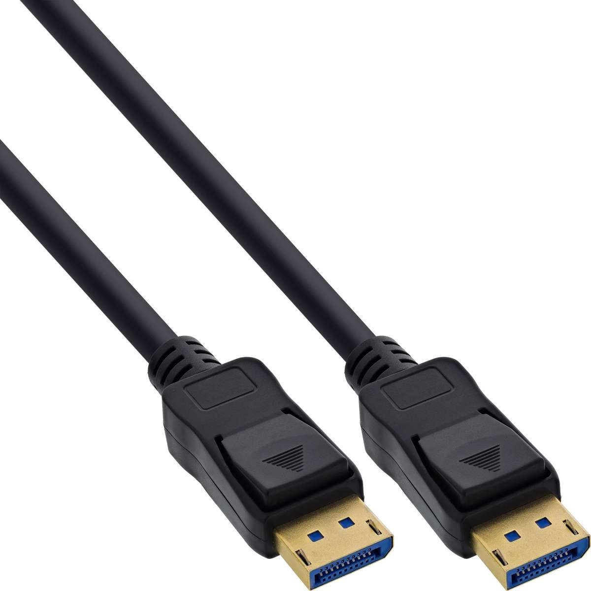Zwei schwarze DisplayPort-Kabel mit Steckern auf einem weißen Hintergrund.