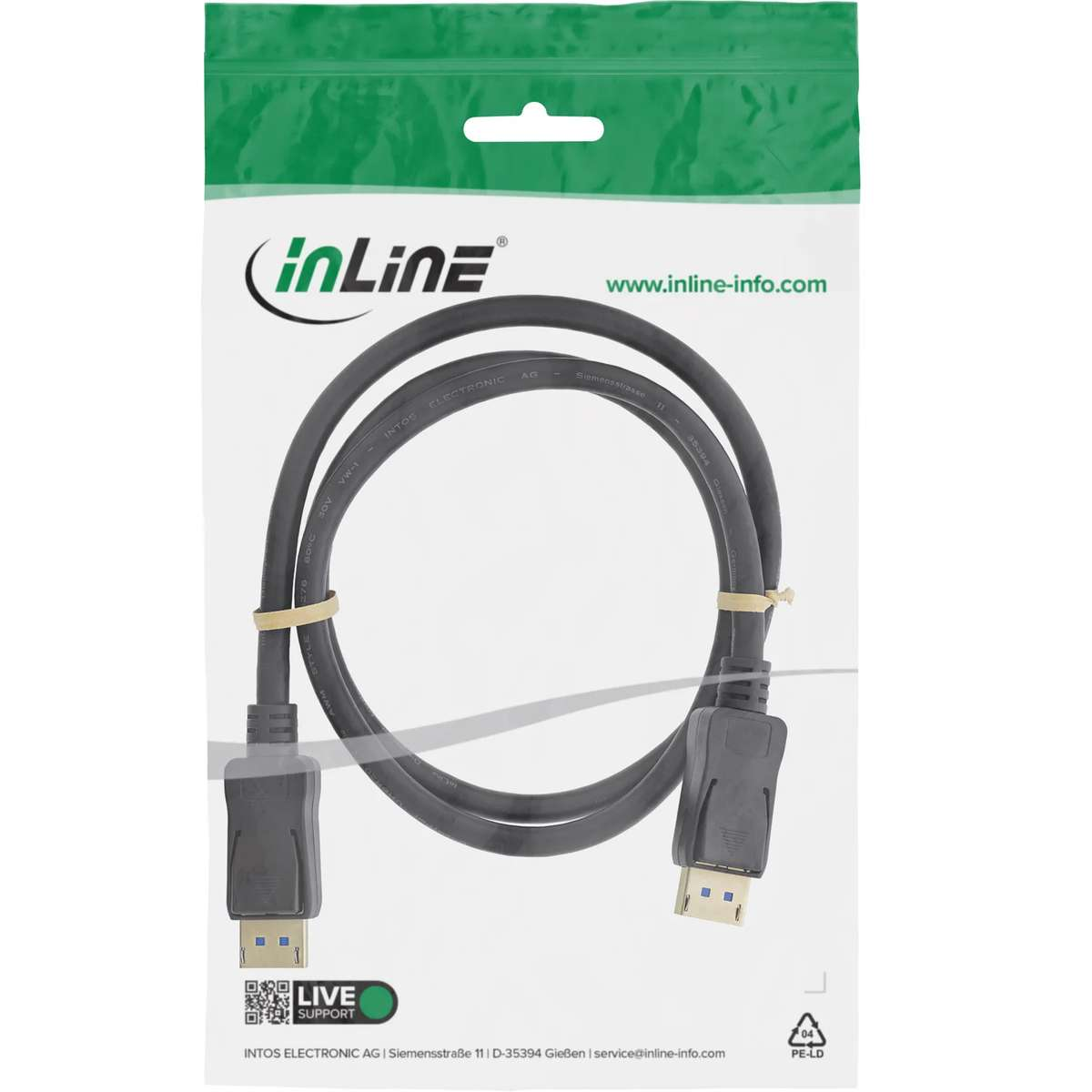 Ein schwarzes InLine DisplayPort-Kabel in transparenter Verpackung mit grünem Kopf.