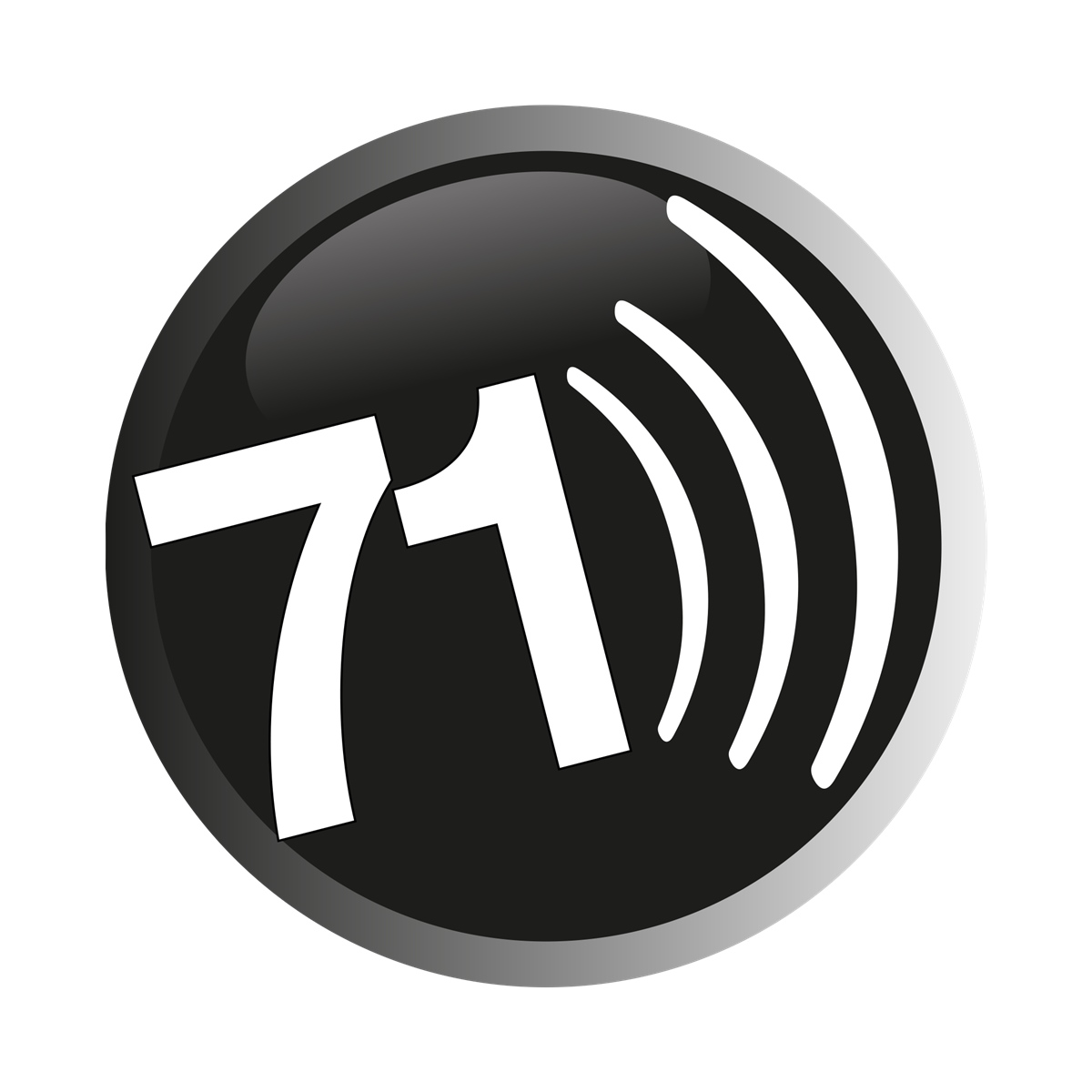 Ein schwarzes rundes Symbol mit weißem Text 71 und geschwungenen Schallwellen rechts.