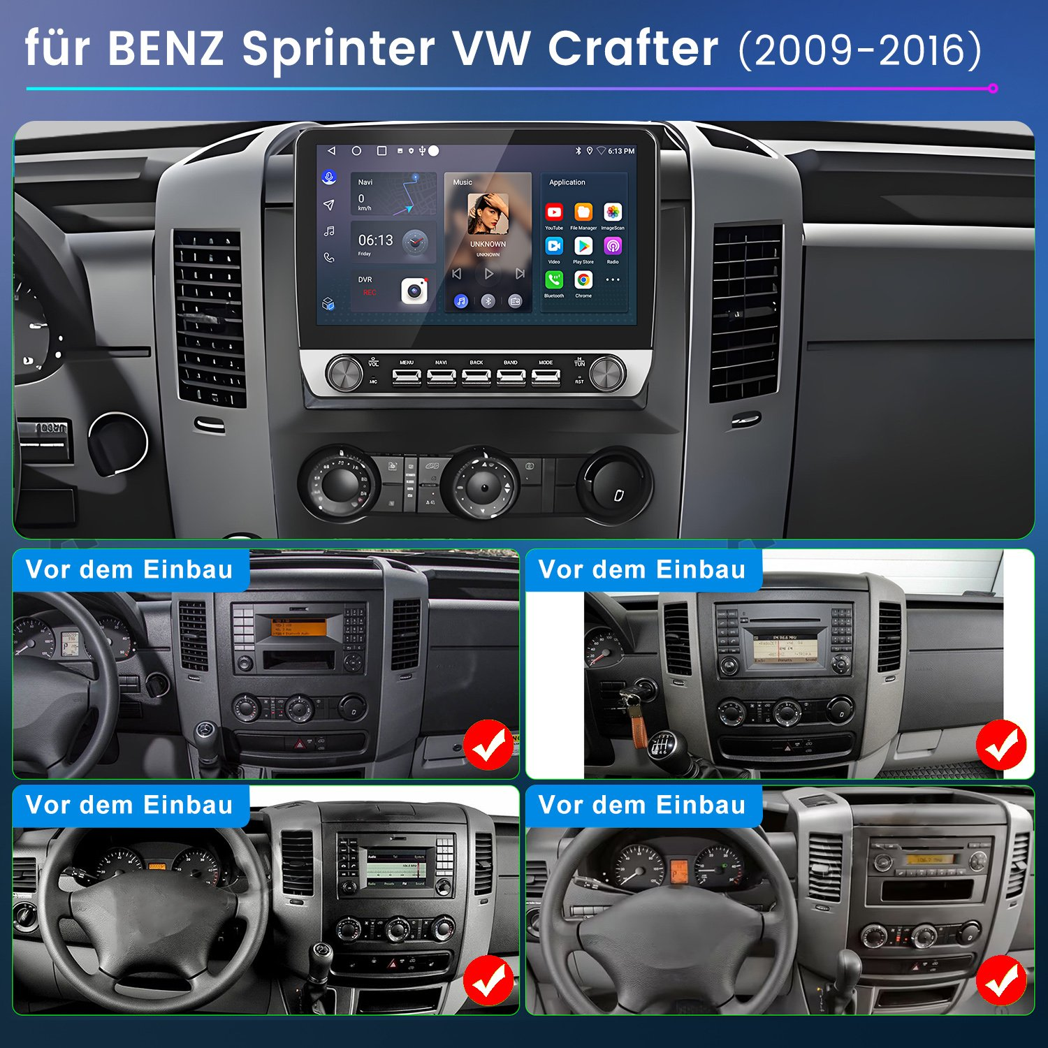 Autocockpit mit großem Touchscreen-Infotainmentsystem und vier kleineren Vorher-Fotos unten.
