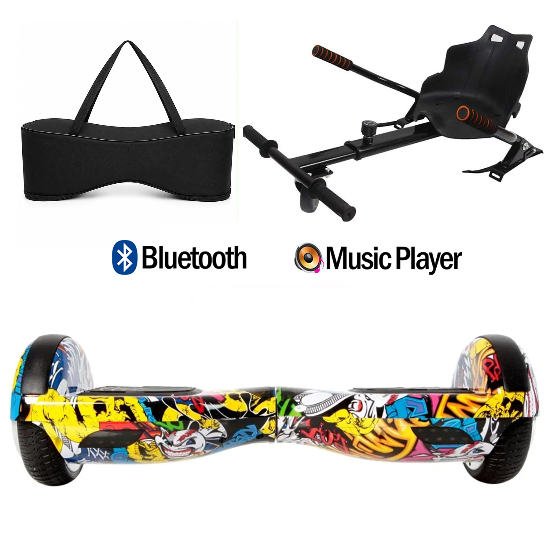 Go-kart koltuğu, taşıma çantası, Bluetooth ve müzik çalar özellikli renkli hoverboard.