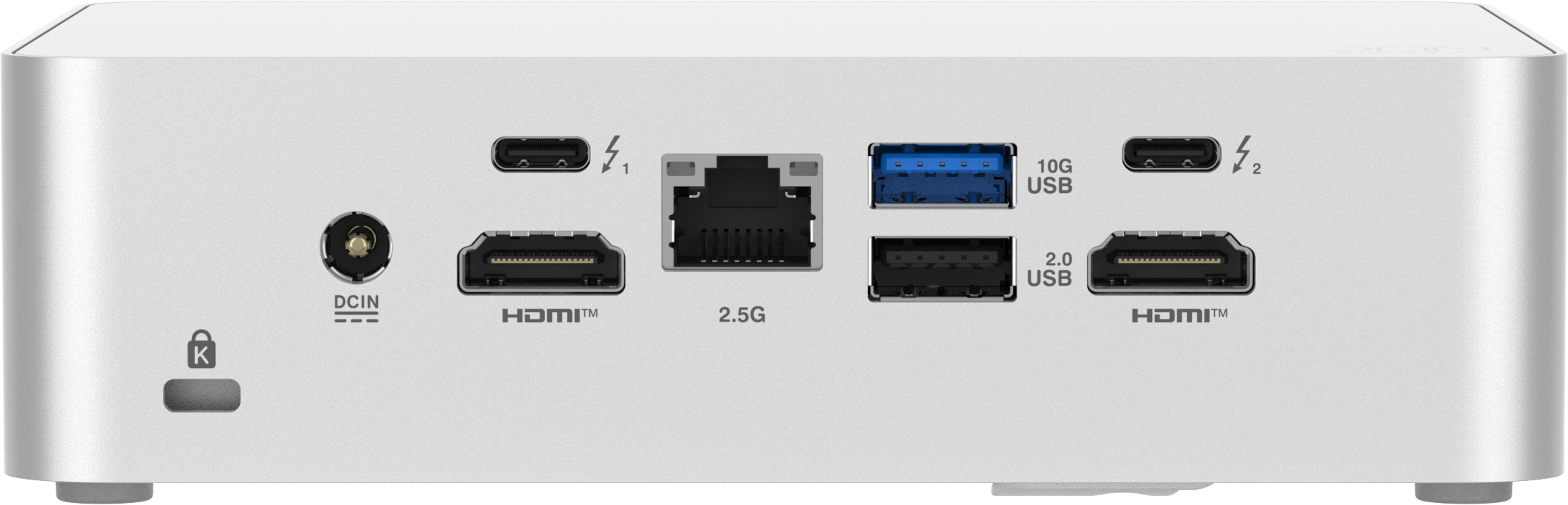 Pannello posteriore di un dispositivo tecnologico con porte DC-in, HDMI, Ethernet, USB e Thunderbolt.