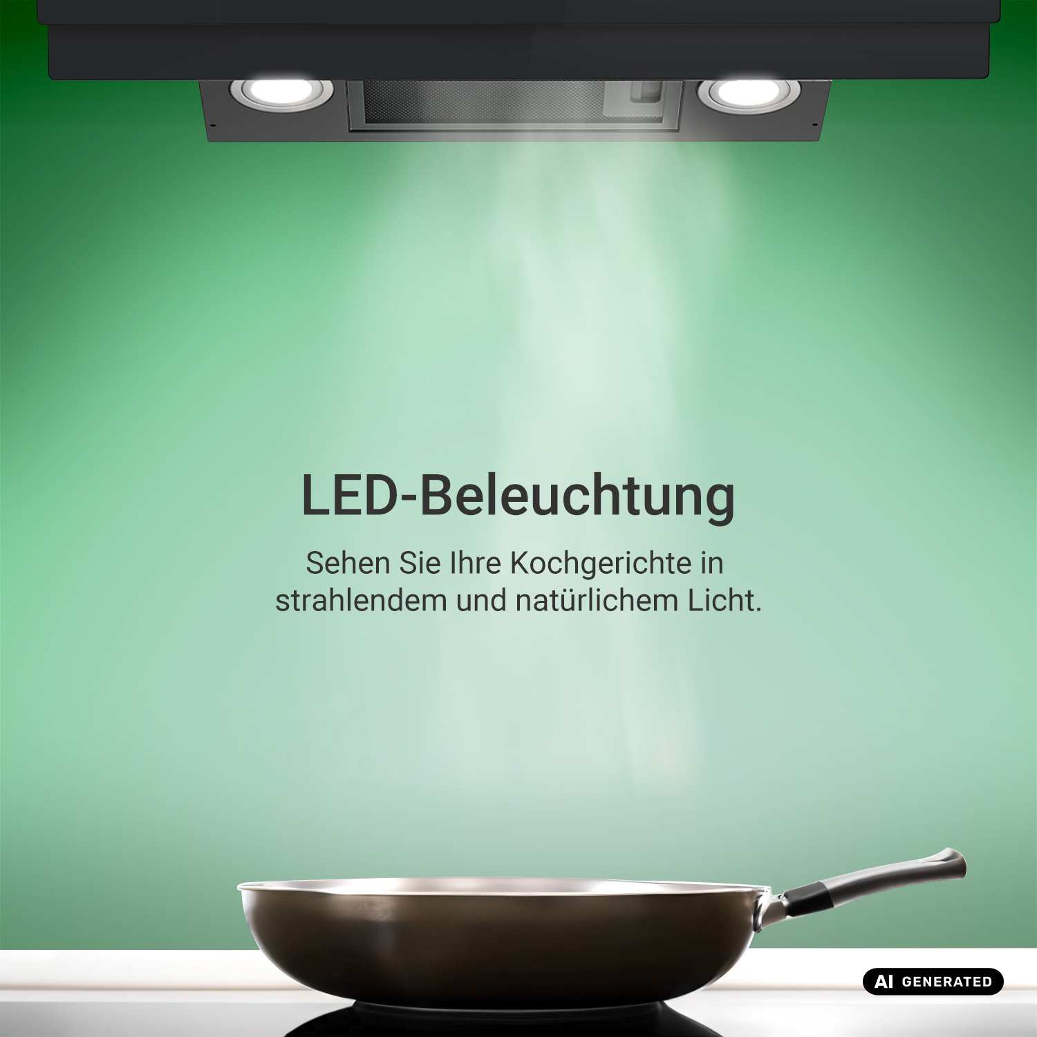 Una cappa aspirante con luce LED sopra una padella su parete verde.