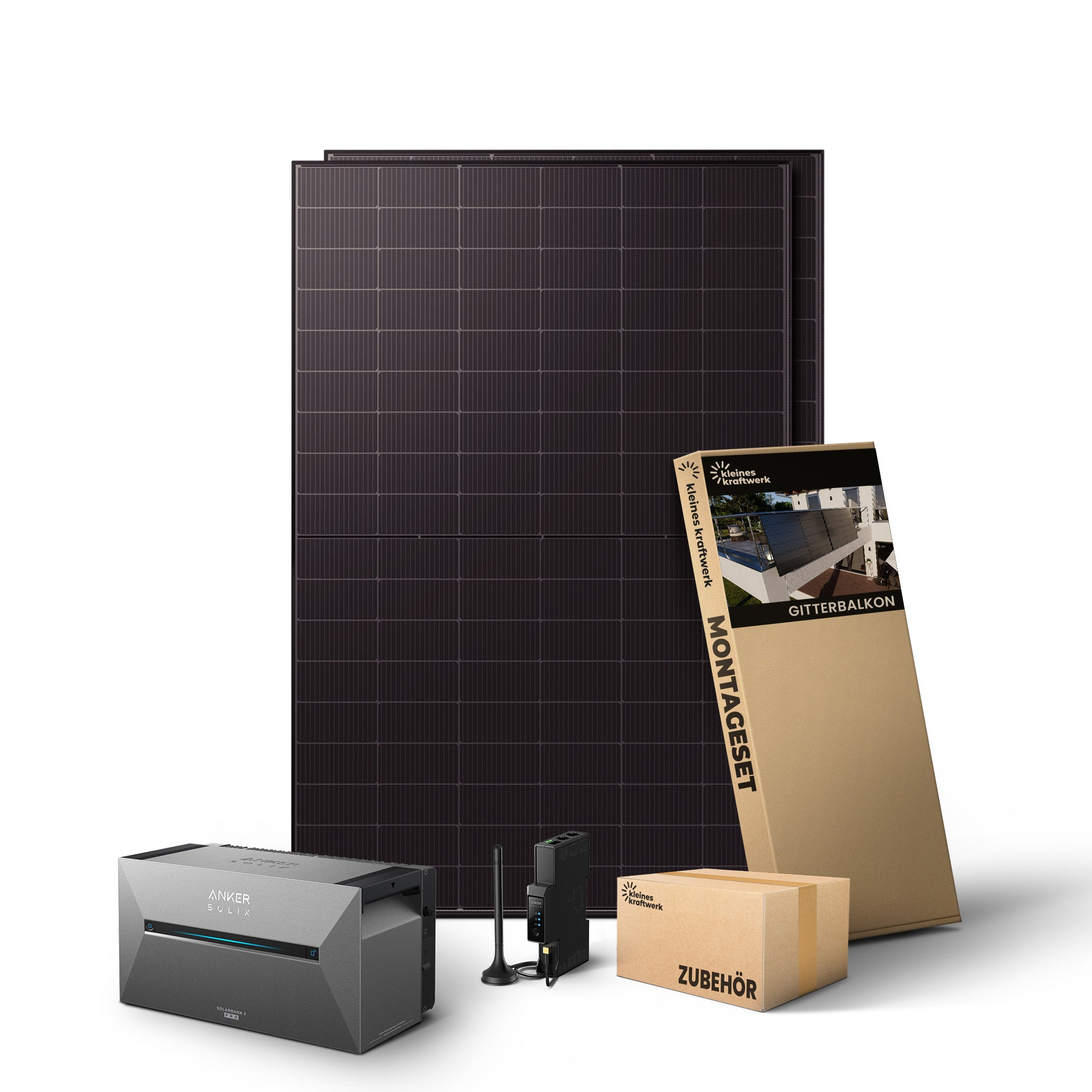 Solaranlage mit Solarmodulen, Wechselrichter, Zubehör und Montage-Set auf weißem Hintergrund.