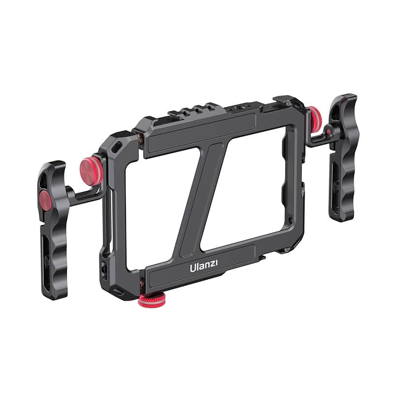 A black metal Ulanzi camera video rig with two side handles and red adjustment knobs on a white background.