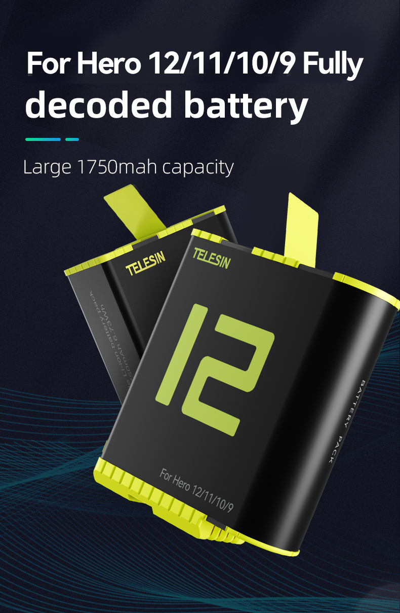 Two black Telesin batteries with light green accents for Hero cameras against a dark background.