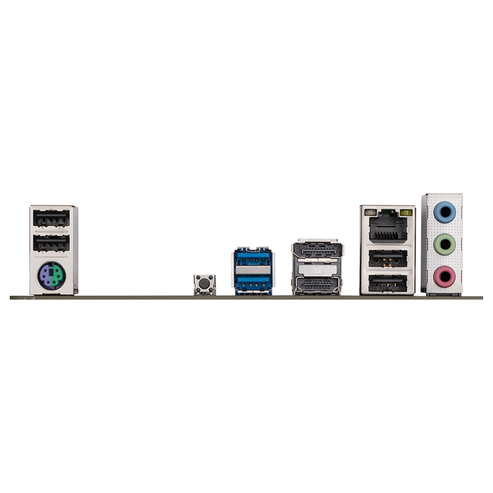 Pannello posteriore della scheda madre con porte USB, Ethernet, video e jack audio su sfondo bianco.